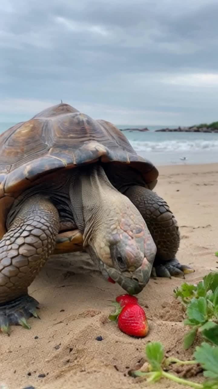Ancient tortoise with weathered shell slowly munches vibrant red strawberry Juicy droplets cascade down wrinkled neck glistening in golden sunlight Soft sandy beach stretches out revealing gentle waves lapping at shore Surrounding lush greenery sways lightly in warm breeze Seagulls glide overhead casting fleeting shadows moments of serene tranquility