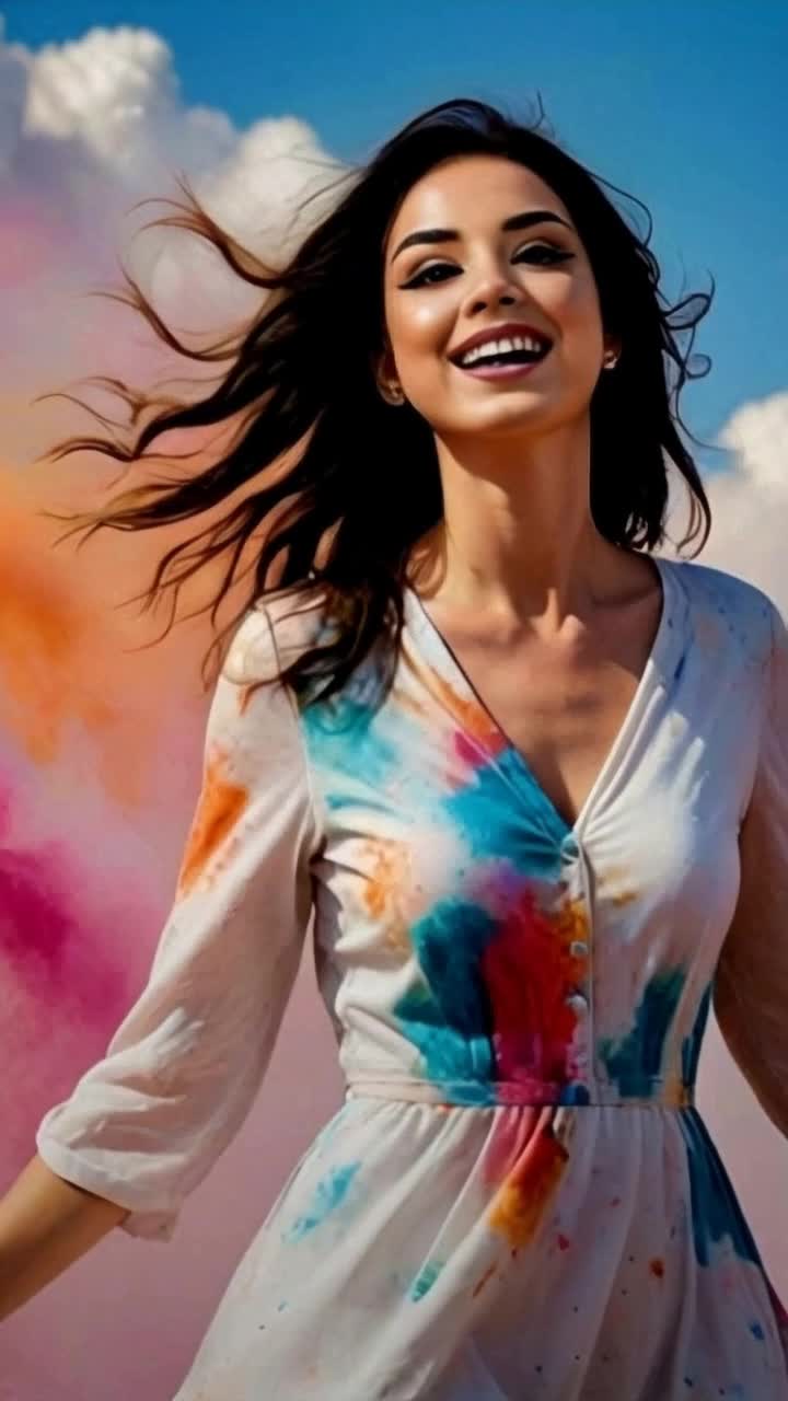 Elegant woman adorned in vibrant paint splatters twirls joyfully enveloped by a whirlwind of brilliant colors Surrounding her, ethereal swirls dance gracefully through the air, blending hues of crimson azure and gold Light filters through lush foliage overhead casting mesmerizing patterns across her flowing white dress Each spin radiates a kaleidoscope of artistic brilliance as colors mingle in dynamic motion Expression of pure delight illuminates her face celebrating creativity amidst chaos Backdrop of a sundrenched artists studio infused with inspiration and energy ignites the scene as colors come alive in harmonious beauty