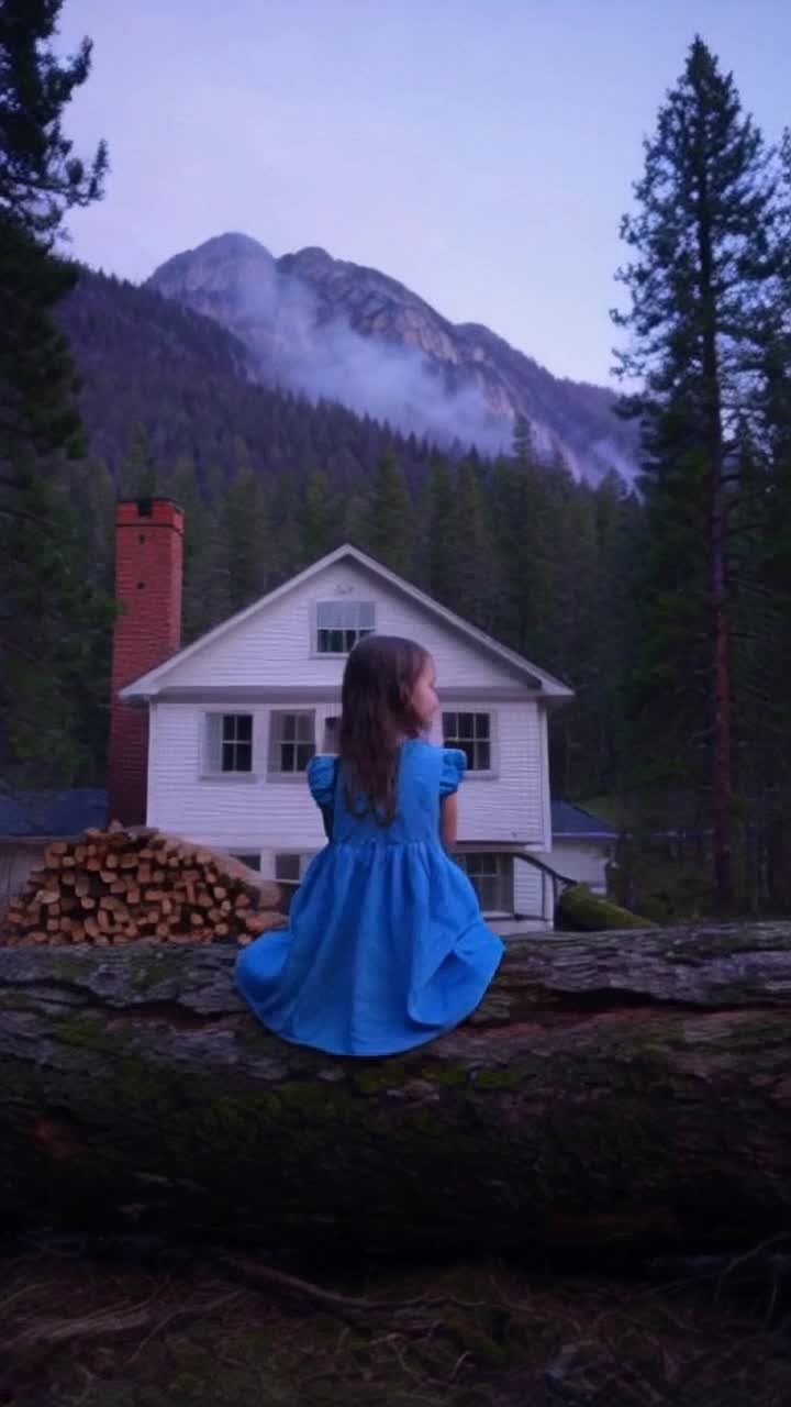 Little girl wearing a bright blue dress seated gracefully on a large moss covered log in a deep Northern forest complete with a friendly looking black bear and some elk  the girl is seated above the house looking down curiously beyond a large white house with a striking red brick chimney to the left Two stories high with expansive windows allowing Neatly stacked firewood nearby sparkling in the warm glow of afternoon Light breeze rustles the leaves as she peers towards a breathtaking forested mountainous ridge cloaked in shades of soft purple with a dreamy blue haze enveloping the distance creating an enchanting backdrop filled with wonder and tranquility