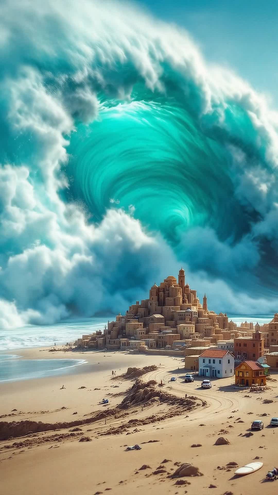 A giant rogue wave threatens to crash over a tiny city made of sand on the beach as surf guitar music plays