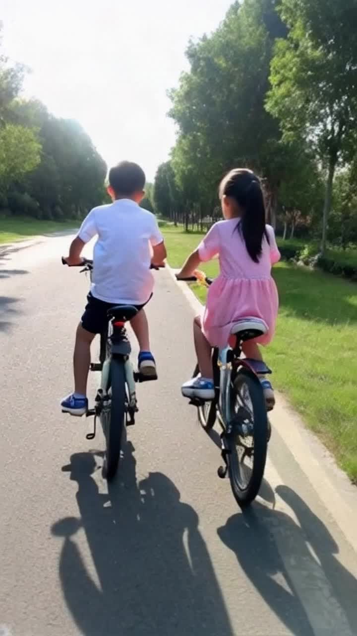 A boy and a girl go out and ride bicycles at noon