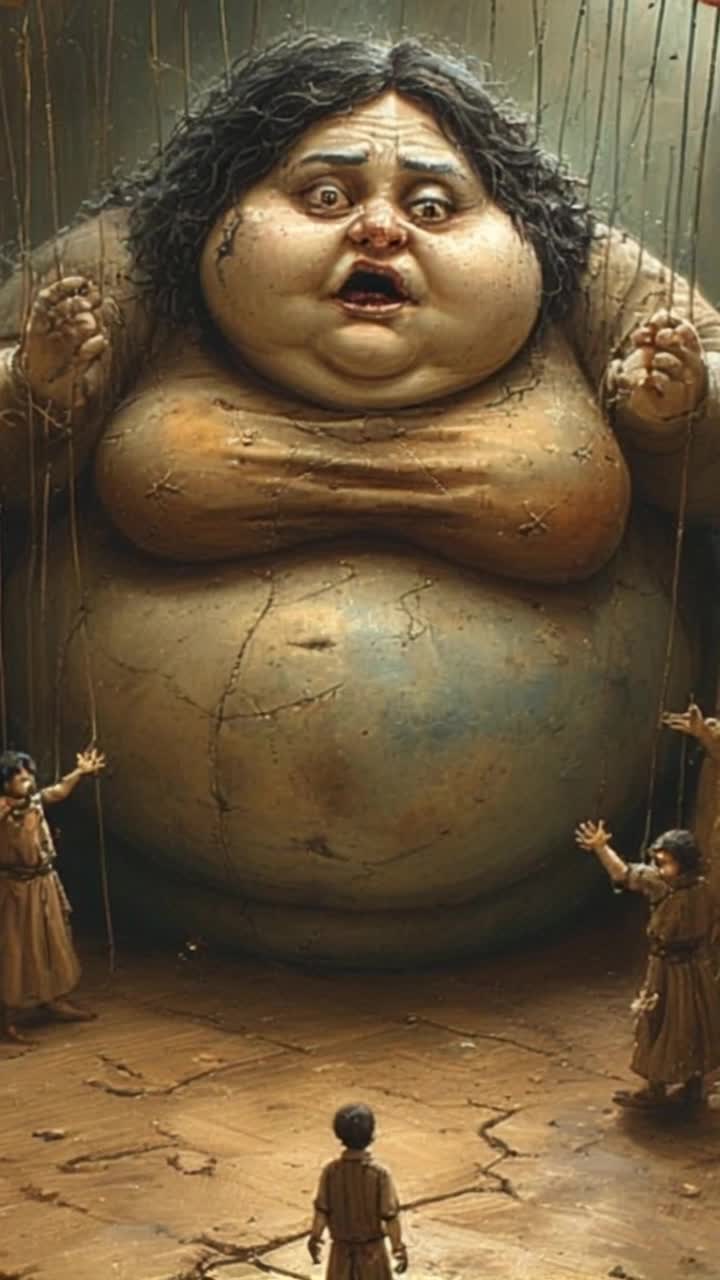 The camera slowly pushes forward onto a crooked puppet stage, dimly lit by flickering lanterns The morbidly obese wife puppetmaster looms above, her cracked porcelain face twisted with paranoia, massive hands clutching tangled strings Her strings pull violently, making shadowy marionette friends in the wings flail and reach out helplessly The crooked stage floor suddenly slams shut like a trapdoor, splintered boards cracking and sinking, swallowing the puppets below The frail husband puppet stands center stage, stitched with glowing guiltthreads, wobbling and twitching as he watches helplessly Shadows twist and stretch across warped striped curtains, lanterns sway, and the atmosphere is grotesque, eerie, and tragically theatrical Motion is abrupt and puppetlike, with sudden snaps and exaggerated, dreamlike distortions