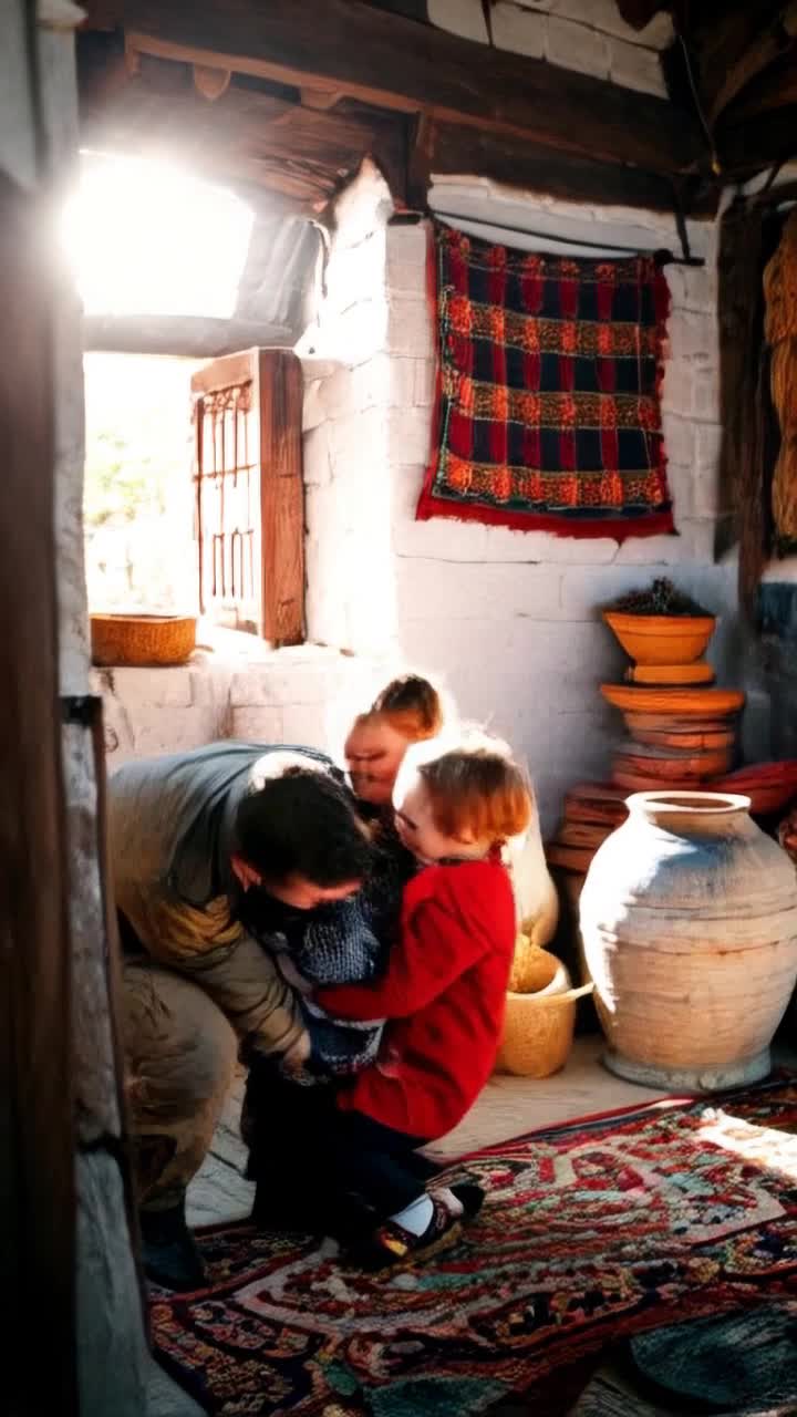 A Ukrainian soldier returns home, wearing worn combat gear He bursts into a traditional Ukrainian village house with whitewashed walls and a thatched roof With tears of joy, he lifts his laughing children into a warm embrace The children wear bright traditional embroidered shirts vyshyvanka, and the interior is decorated with colorful rushnyky handwoven towels, pottery, and a large white clay stove Warm sunlight streams in through the window, illuminating golden dust in the air The color palette includes traditional Ukrainian embroidery colors  red, black, white  with soft golden and skyblue accents Hyperdetailed, emotional, cinematic, inspired by Ukrainian folk art 