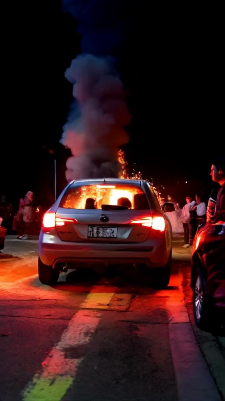 Ford Pinto exploding in flames after being rearended, Fireballs fill the sky, people look on in terror, violence and carnage 