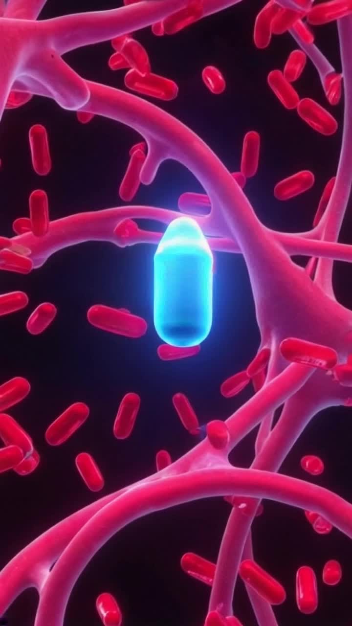 Vibrant drug capsule gliding smoothly through a maze of pulsating arteries and veins surrounded by glowing red cells shimmering in rhythmic motion illuminated by soft bluish light cascading through each vessel creating a sense of dynamic flow weaving around branching networks evoking a sense of microscopic wonder as it journeys toward its target destination with a sense of purpose and vitality
