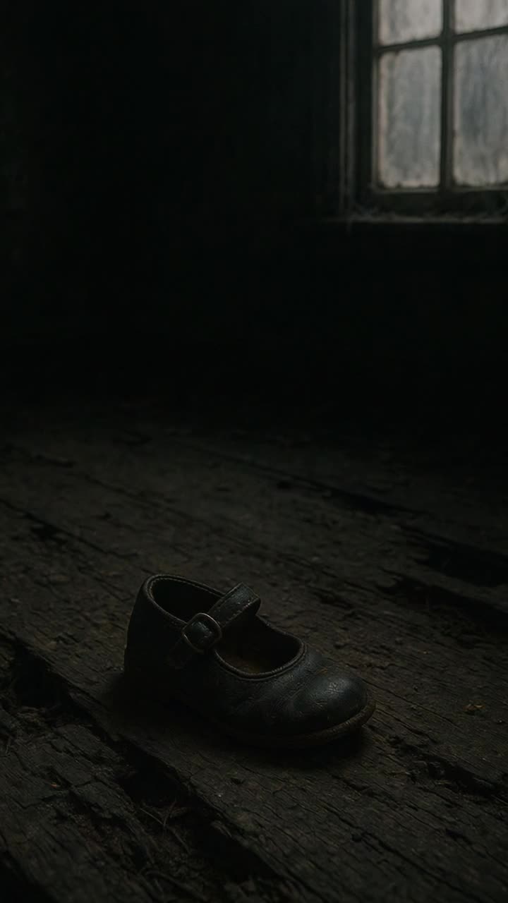 A childs shoe on the rotting floor,