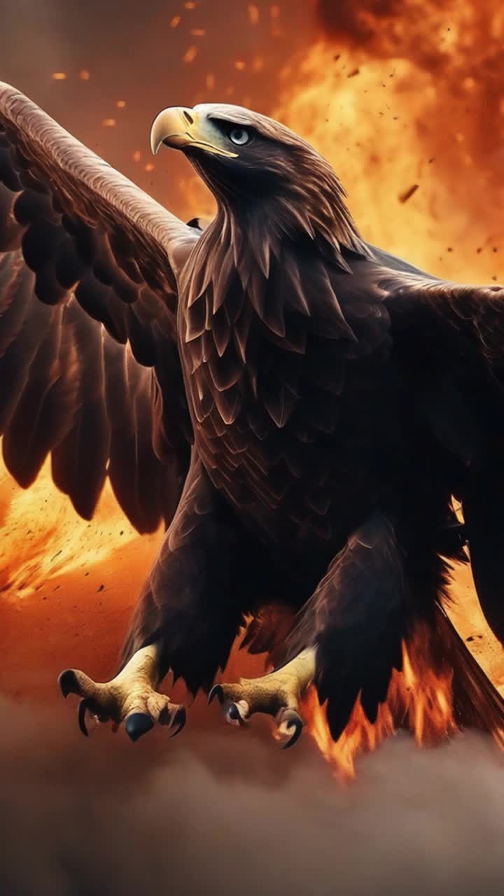 The eagle flies through the burning inferno in the apocalypse with explosions and fog 