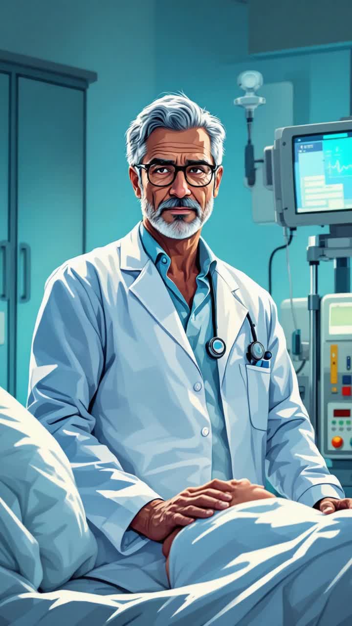 Grey haired hispanic man in his 50s curing a cancer patient