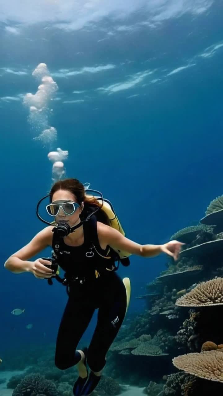 Graceful elegant woman diver gliding effortlessly beneath vibrant coral reef swirling with colorful marine life beams of sunlight filtering down from above sparkling water surface creating a magical ethereal atmosphere gentle currents guiding her movements playful fish darting through coral formations exploring hidden gems of the underwater world mesmerizing patterns of coral flora swaying rhythmically enchanting journey through natures paradise filled with wonder and serenity