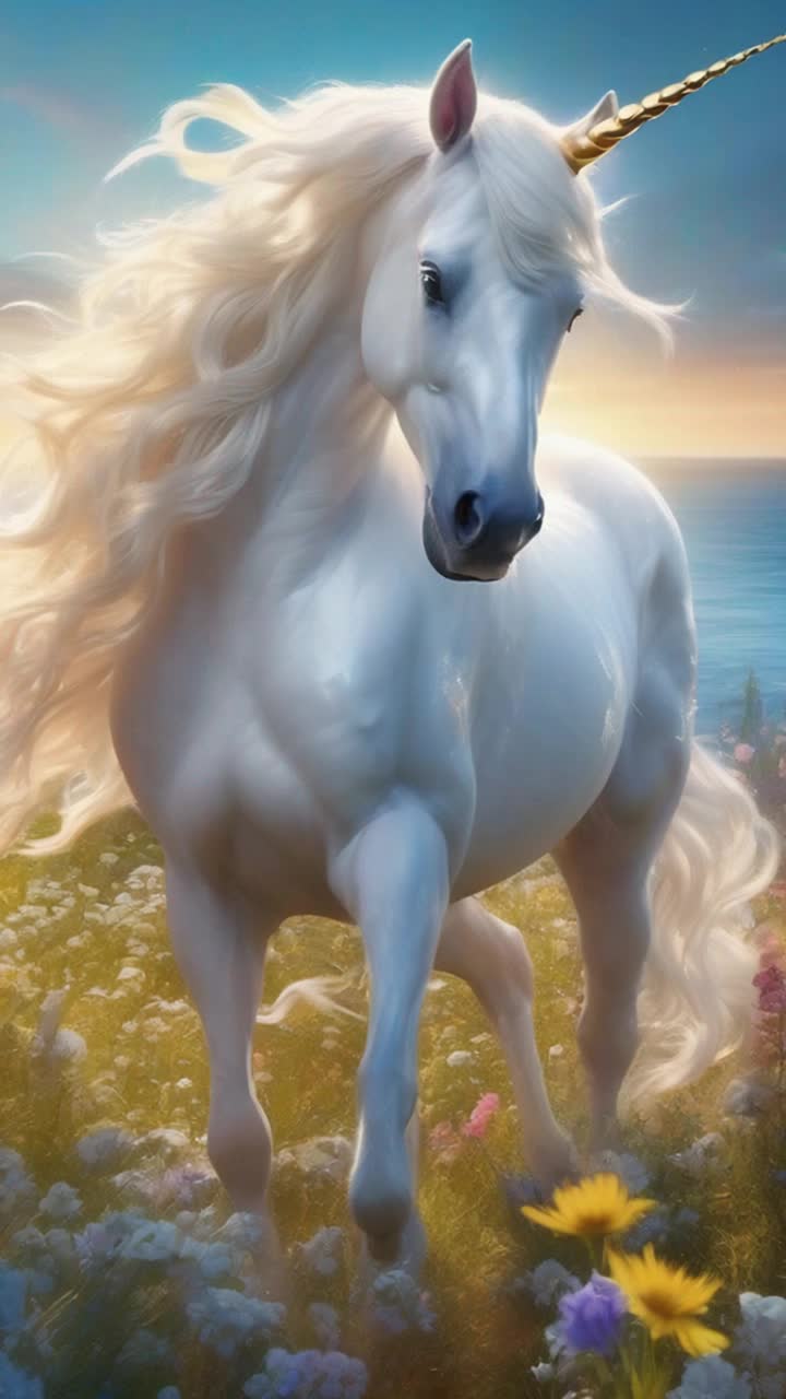 Majestic unicorn glimmering with a radiant white coat spiraling golden horn gracefully trots among a sea of vibrant wildflowers