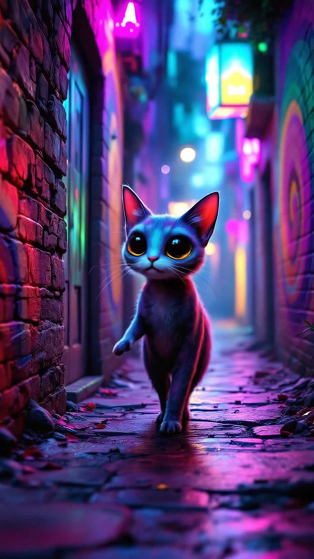 A psychedelic alley with brick walls and a handdrawn alien cat walks down the street while all the colors around him shift and he is whistling a bizarre tune