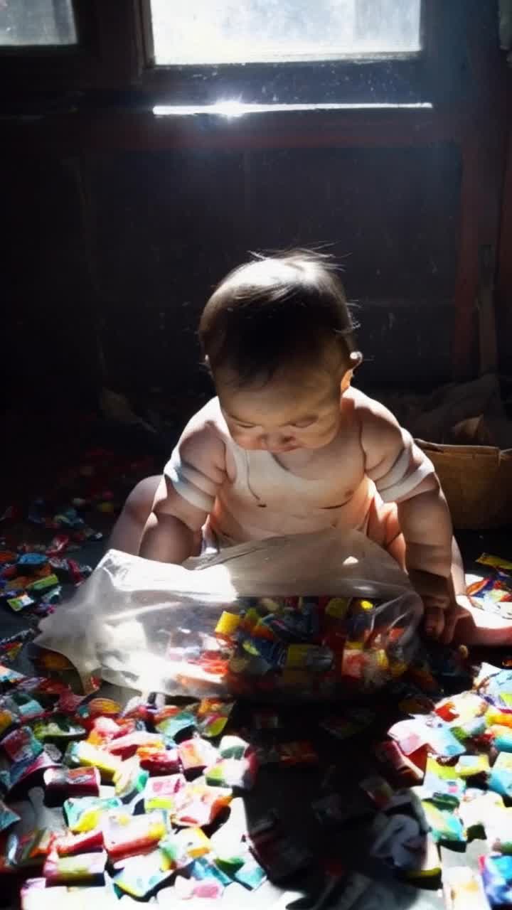 Obese baby with chubby cheeks shimmering with tears squirming joyfully with determined hilarity flails tiny hands searching through a tattered bag filled with colorful candy wrappers. Vividly dim room cluttered with discarded belongings casting shadows creating an atmosphere of loss and longing as sunlight filters through dusty windows illuminating the chaos