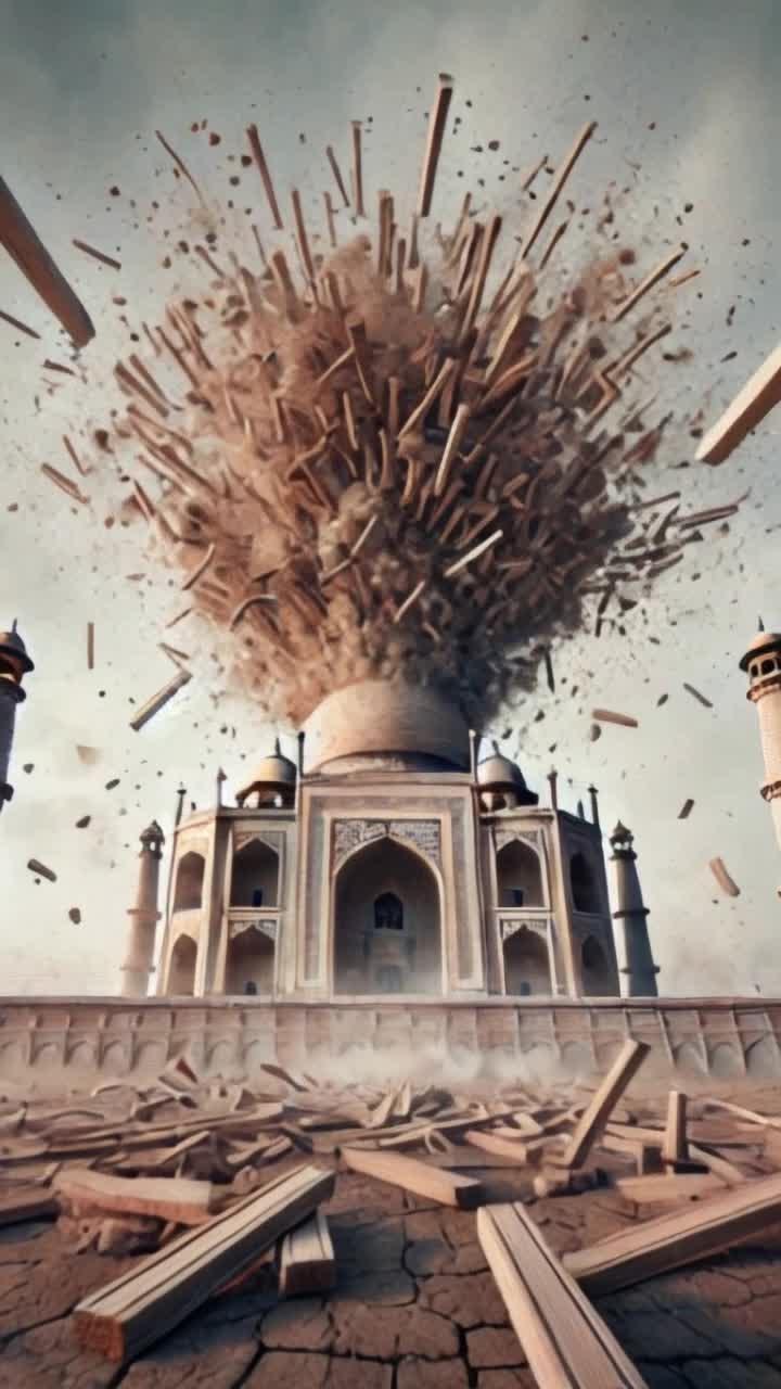Majestic Taj Mahal crumbling into scattered bricks with graceful elegance under torrents of rainwater pouring from dark gray clouds Shimmering droplets cascade off ornate marble surfaces creating a mesmerizing dance of water and light Surrounding lush gardens dripping with moisture enhance the surreal atmosphere while distant thunder rumbles echoing a sense of impending change Shadows flicker across intricate designs revealing the beauty even in decay as nature reclaims this iconic structure in vivid hyperrealistic detail