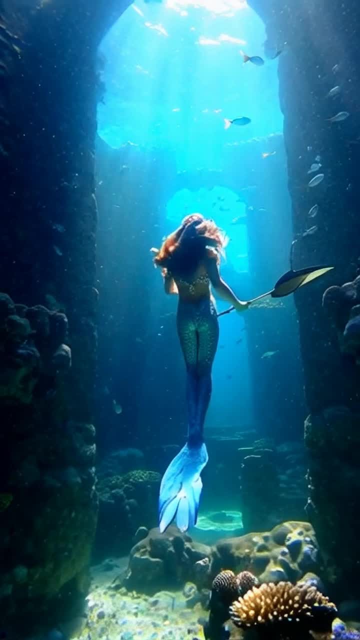 Enchanting mermaid with shimmering scales and flowing hair confidently carries a majestic trident swimming gracefully towards a magnificent underwater castle surrounded by vibrant coral reefs and schools of colorful fish rays of sunlight penetrate crystal clear waters illuminating her path creating a magical atmosphere of adventure and beauty