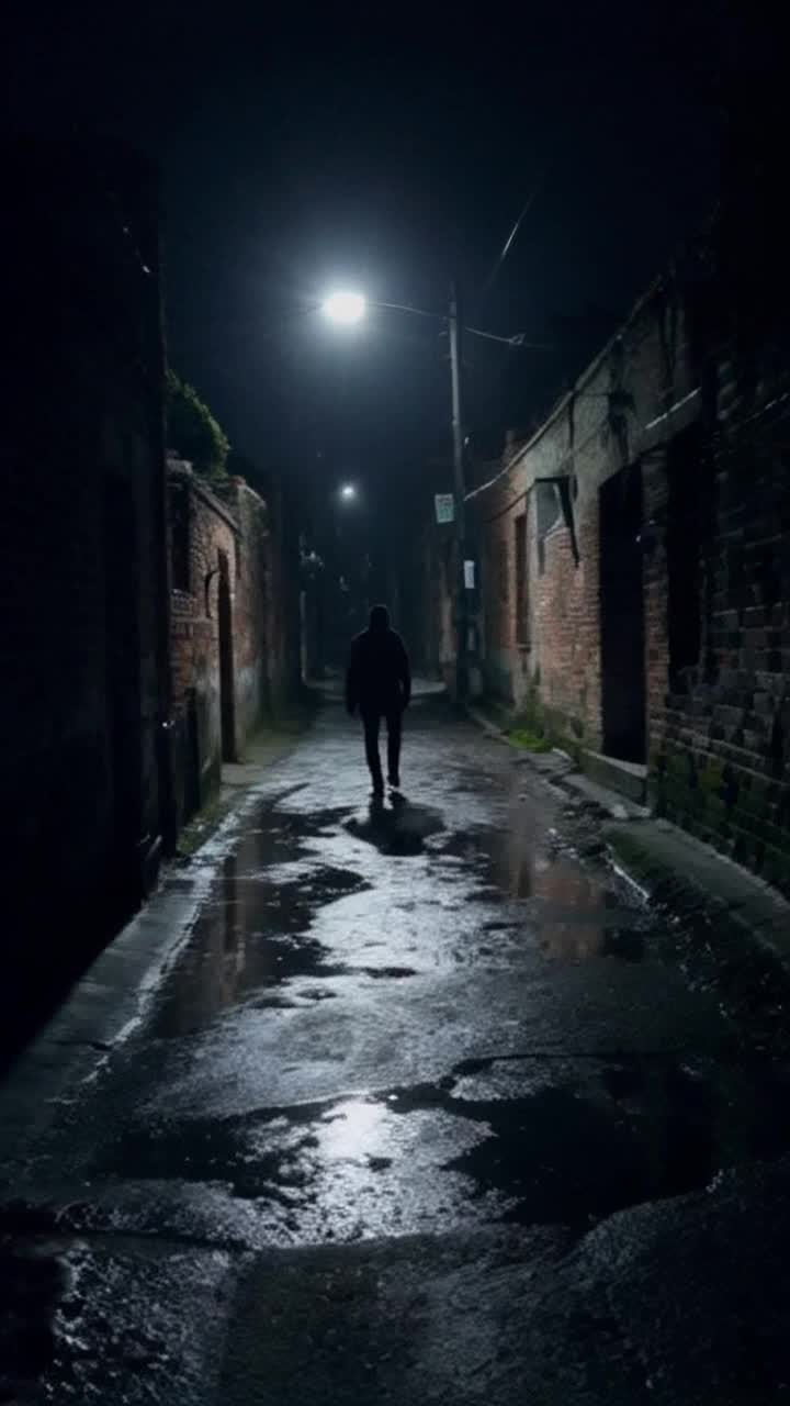 Lone figure cloaked in shadows exuding mystery and determination glides silently with practiced elegance through narrow alleyway adorned with crumbling brick walls and flickering streetlights. Moonlight dances off puddles reflecting fragmented memories of a bustling past. Echoes of distant footsteps reverberate through the air enhancing tension in this hidden world. Damp mist slithers around as if whispering secrets of survival and resilience wrapped in darkness
