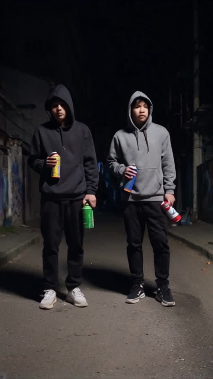Black teenager, wearing hoodies, holding spray cans in a dark lit alley, realistic