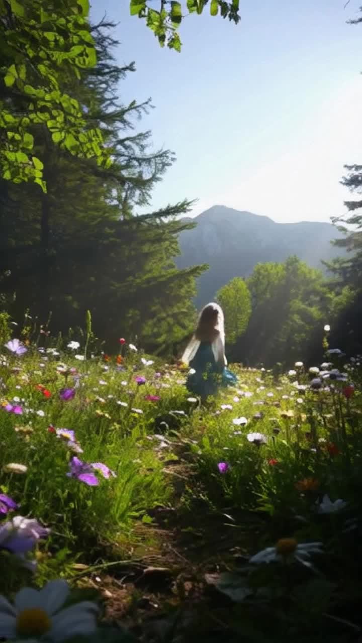 Charming forest sprite twirling gracefully among vibrant wildflowers, shimmering sunlight filtering through lush emerald leaves, creating a magical dance of light and shadows, soft breeze carrying gentle whispers of nature, distant mountains rising majestically in background, painting a picturesque scene filled with life and wonder