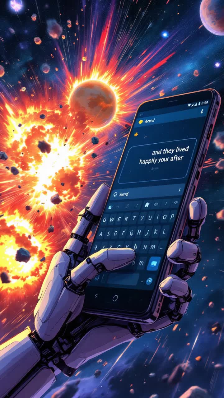 In Japanese anime, what could happen if a prompt goes horribly wrong, not that a robot hand is typing something in its Android smartphone and with increasingly shaking robot hand digits, finishes a last sentence with , and they lived happily ever after, then shakily taps the send button and from outer space, the whole planet and solar system bursts into multiple explosions