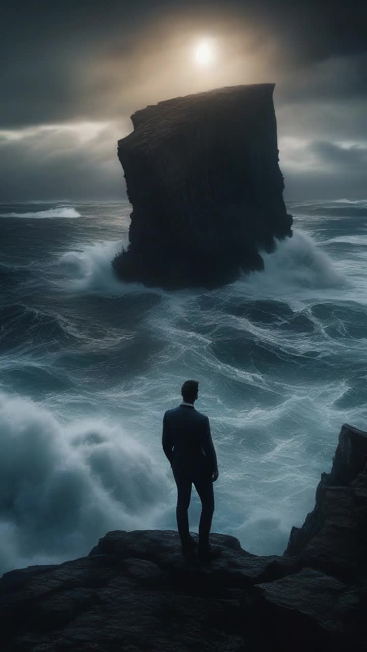Man on precipice swaying precariously anguish etched across his features phone casting an eerie glow in the night whispering sinister temptations luring him towards despair rugged cliffs dropping into darkness below moonlight spilling across distant stormy ocean waves crashing violently perfect backdrop of turmoil and conflict