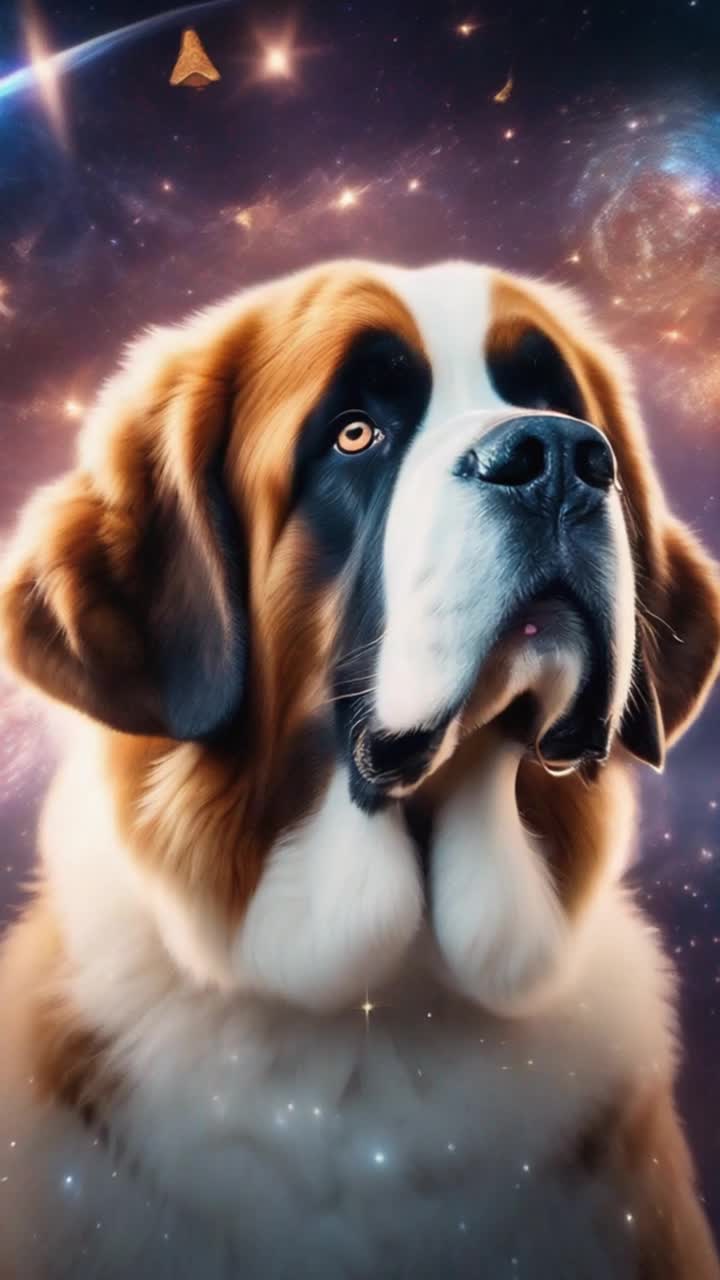 Majestic Saint Bernard with shimmering coat and eight vibrant octopus legs gracefully gliding above astonished crowd in celestial space court filled with twinkling stars and glowing planets surrounding translucent floating structures reflecting cosmic light