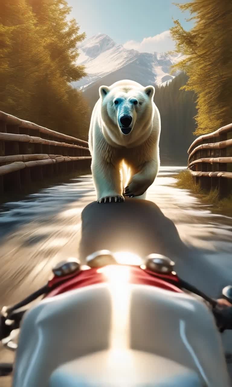 Majestic polar bear gleaming white fur balancing confidently on sleek red motorcycle  Revving engine echoes through serene ride as paws grip handlebar tightly  Ancient wooden bridge stretches over glistening river sparkling beneath sunlight with gentle ripples