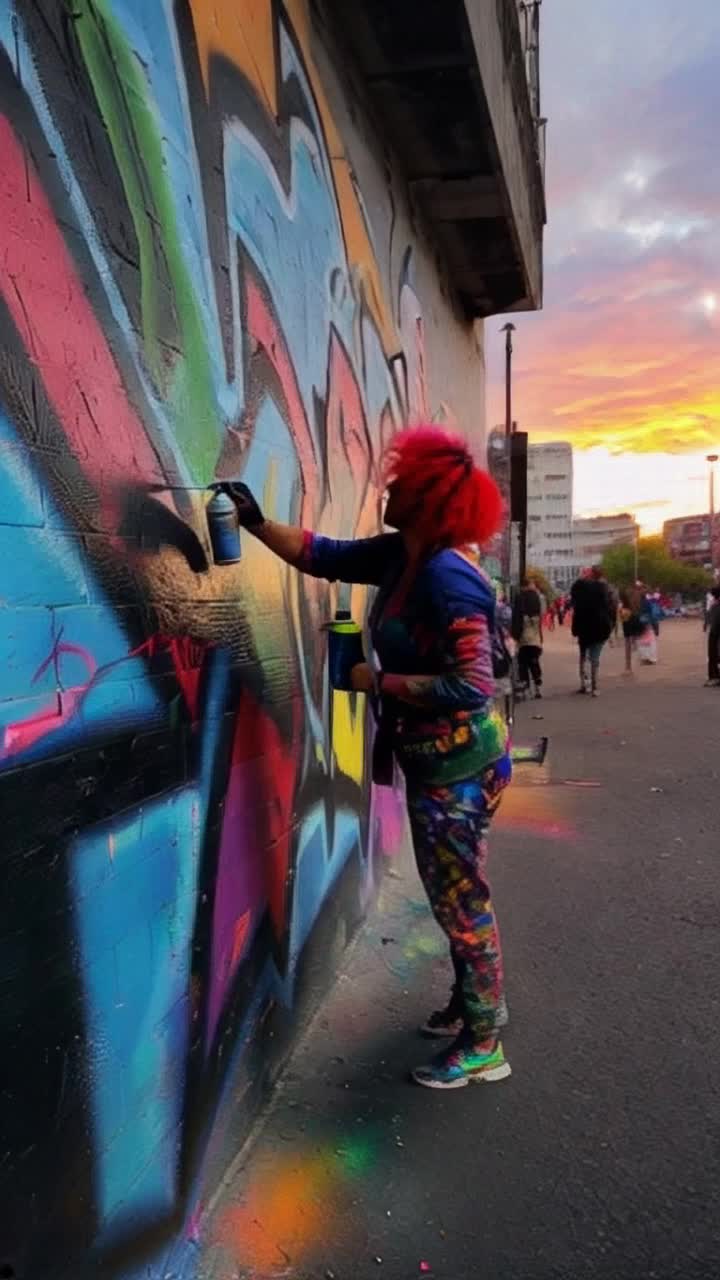 Colorful graffiti artist with vibrant hair creates striking mural on urban wall surrounded by flashes of spray paint midmotion in a bustling cityscape alive with energy and sounds of laughter and music bright murals reflecting culture and creativity under a vivid sunset sky