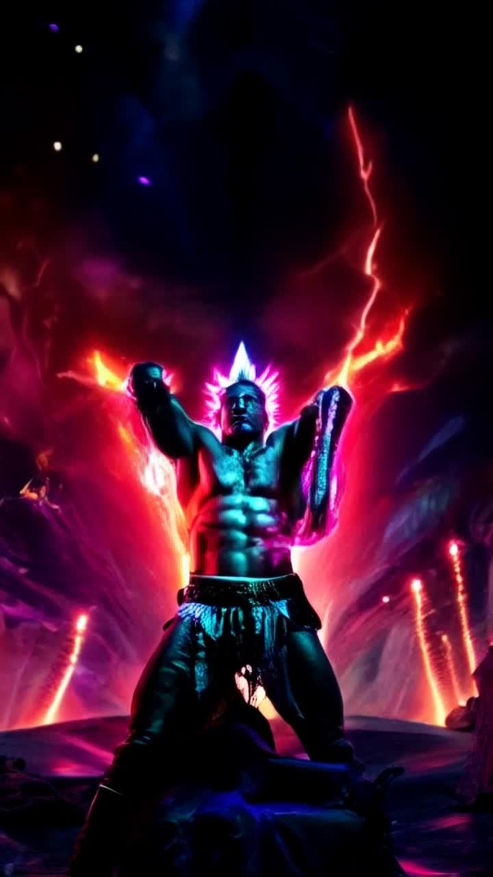 Neon, Cinematic, Emerges, Hyperspeed, High angle, Diffused lighting, battle weary and tired the chosen warrior of THE MOST HIGH receives download straight into the pineal and gets spikey hair radiating brilliant atomic blue energy immediately leveling up and unleashes high vibrational frequencies destroying negative energy vampires then he flexes his muscles and hero poses and dances