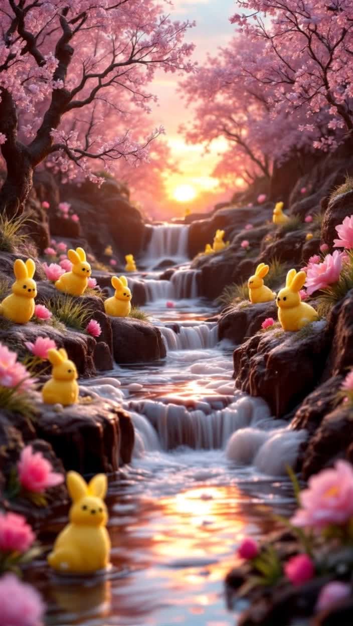 A thick dark chocolate river flows over a caramel chocolate ridge of canyon as a chocolate waterfall near a hot French vanilla coffee spring magically blending a sweet white whip creamy froth and blending into a rich dark mocha ground, a pink cherry lemondrop sunrise wakes sleepy yellow marshmallow peeps bunnies to hop to their candy flower cupcakes breakfasts to eat the candy flowers off the cupcakes with grass icings