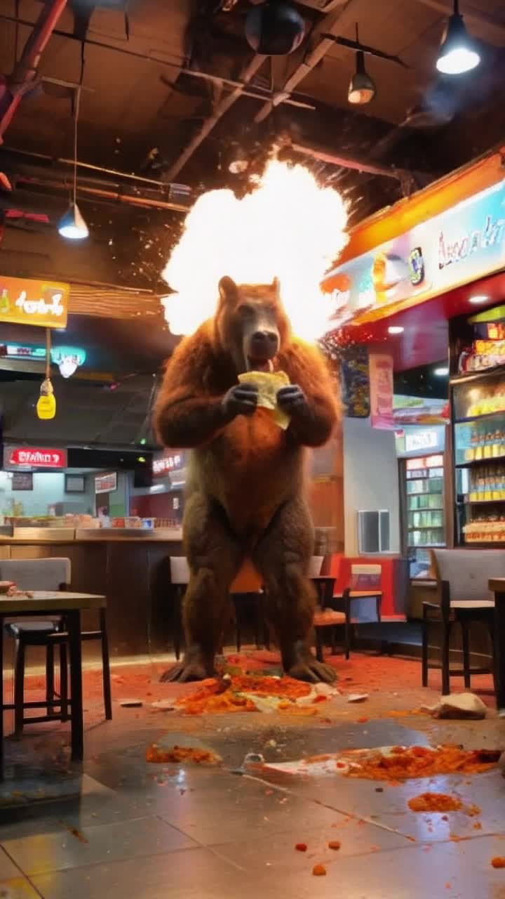 Enormous, shaggy Bigfoot standing inside Taco Bell surrounded by colorful menu items and vibrant decor preparing to take a massive bite of a taco Suddenly a tremendous explosion erupts sending debris and food flying in a chaotic storm of lettuce and tortillas Bright neon lights flicker amidst the smoky aftermath as Bigfoot emerges unscathed amidst the destruction a look of bewilderment on his face against a backdrop of scattered tables and splattered salsa