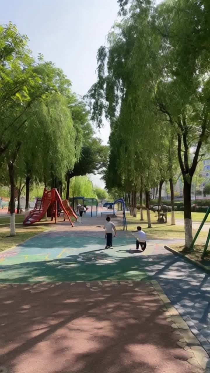 Children playing joyfully in vibrant urban park swinging and laughing lush green trees sway gently in refreshing breeze golden hour sun casts warm glow on faces lively city sounds echo around bringing energy and excitement to scene father joining playfully teaching kids to ride bikes paths adorned with colorful chalk drawings creating a tapestry of creativity and innocence