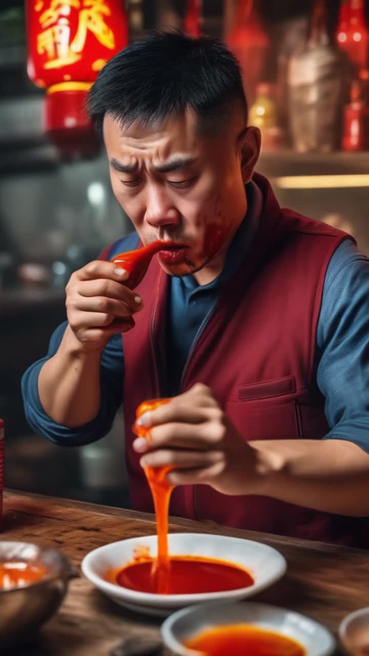 Distressed Chinese guy pouring hot sauce in his eyes 