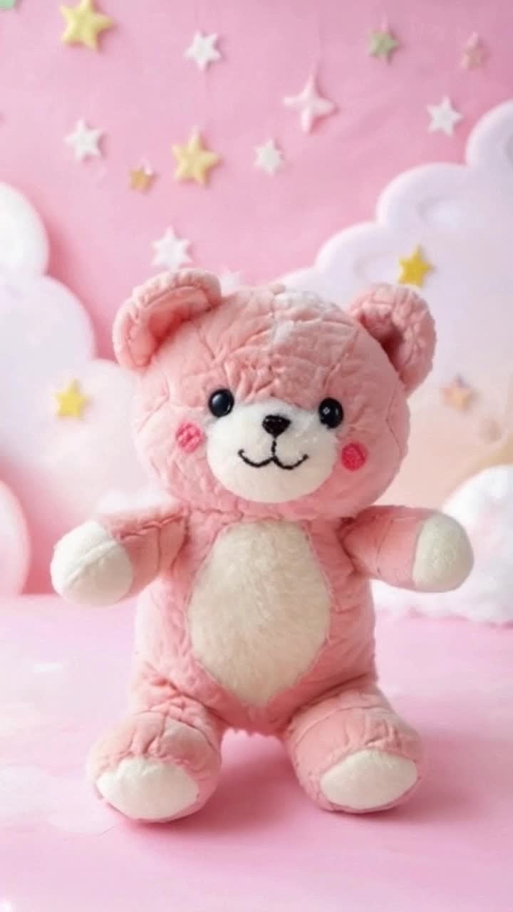 Charming fluffy stuffed animal with button eyes and stitched smile dances playfully across the screen Colorful line drawing transforms into vibrant animation with whimsical movements Soft pastel background filled with clouds and stars creates a dreamy atmosphere as the animal frolics joyfully creating a heartwarming scene