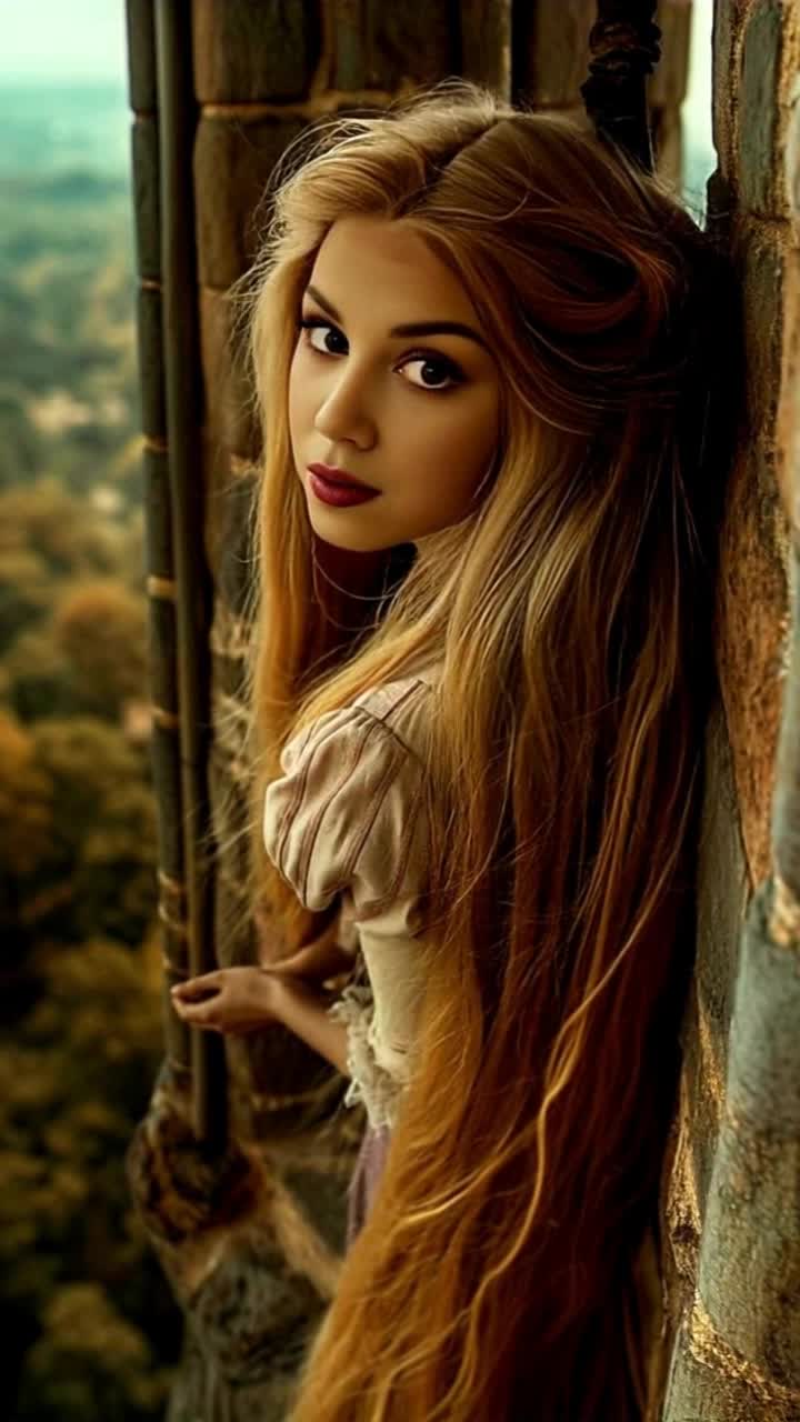 Graceful Rapunzel with cascading golden hair swirling in the breeze stands poised at her tower window gazing into the vibrant sunset sky Long tendrils of hair dance elegantly around her as she stretches out a delicate hand brushing against the cool stone of her tower Lush green forests blanket the landscape below with soft petals from blooming flowers swirling playfully in the air Wisps of clouds drift lazily overhead casting fleeting shadows over the enchanting scene A gentle melody of chirping birds fills the air adding a magical ambiance to this serene moment in her world of wonder