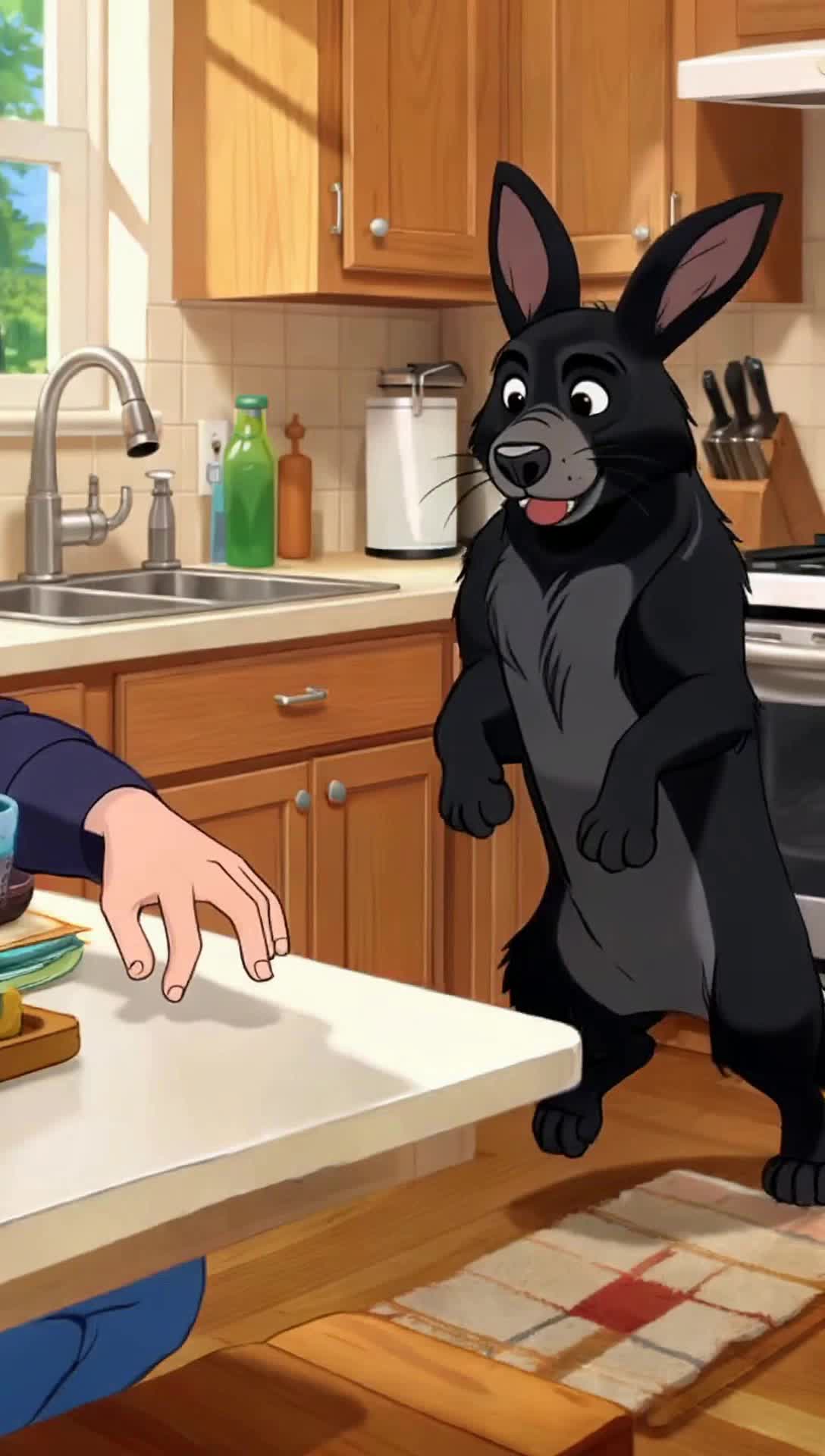 Peacefully twiddling thumbs, anime style, at a table in a kitchen, even better, a big black and smokey panther like dog with longish rabbit like ears, walks up on two legs to the twiddling hands and sits to be petted like a puppy, scenery turns to an outdoor camp at a park surrounded by forest and lake, this strange animal looks rough but happy as he smiles and its pink tongue lulls out, relaxed