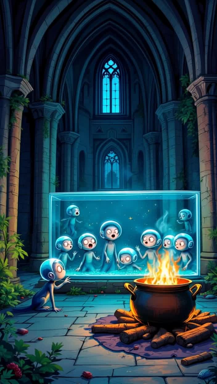 Anime animated, seamonkeys in aquarium are gawked at by little gray space alien gilled  fish people wearing fish bowl helmets pretending to be mermaids as they tap on the glass and sing amazing grace, jarring the seamonkeys in horror, there is a big pot in the background that is set over a campfire on the floor of a ruins of a church that closely resembles the setup inside the seamonkeys aquarium