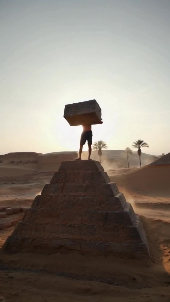 Sweaty laborer balancing on a pyramids edge gripping heavy stones with calloused hands Straining to lift the last block with determination Sun beating down casting sharp shadows on golden sand dunes with distant palm trees swaying in the warm breeze Dust swirling around as birds circle overhead giving a sense of ancient history and hard labor