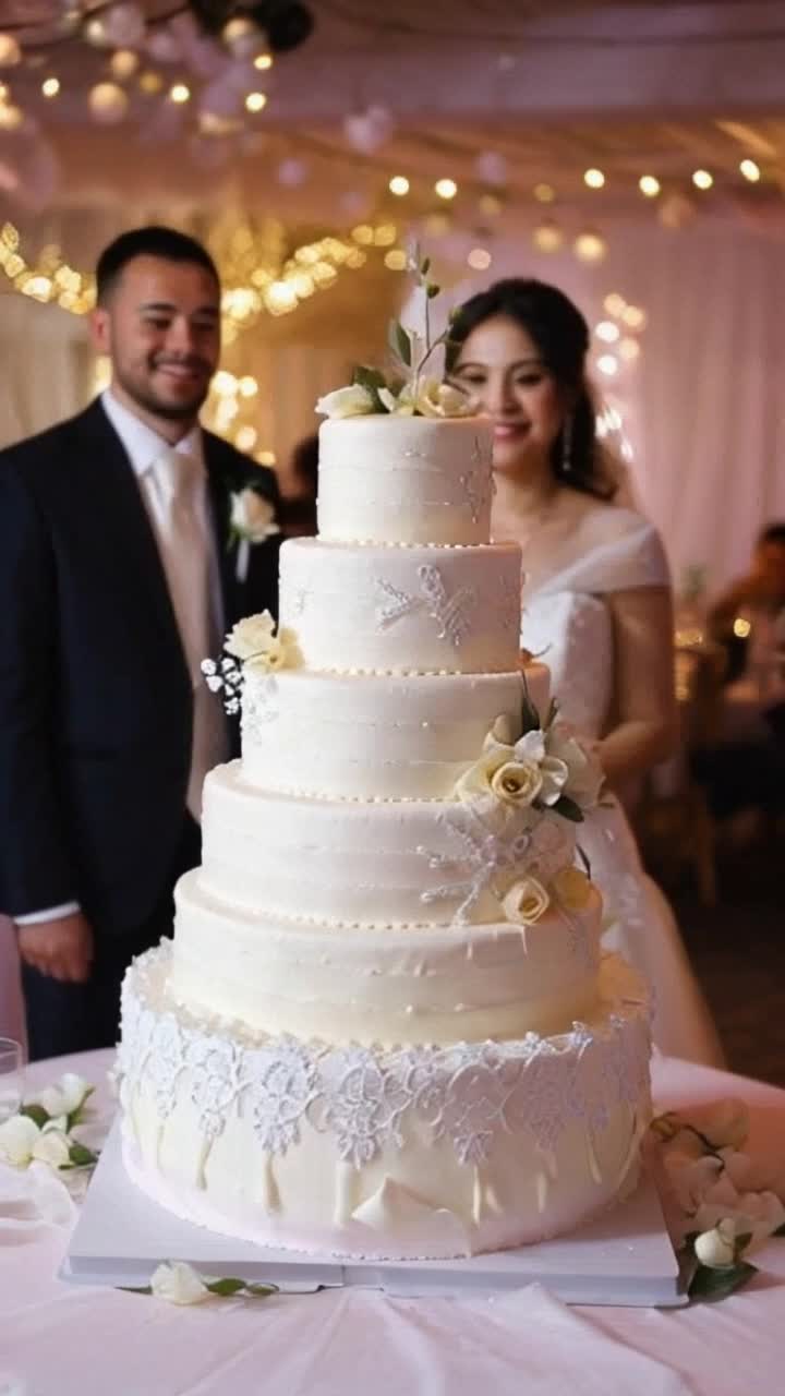 Elegant multitier wedding cake adorned with delicate flowers and intricate lace designs bursts into glittering sparklers illuminating the scene Couples surrounded by joyful friends and family gaze in awe as the cake stands majestically at the center of a beautifully decorated reception hall Romantic fairy lights twinkle overhead while soft pastel colors drape the tables, creating an atmosphere of love and celebration Sweet aromas of vanilla and chocolate waft through the air as laughter and music fill the space, capturing the magic of this unforgettable moment