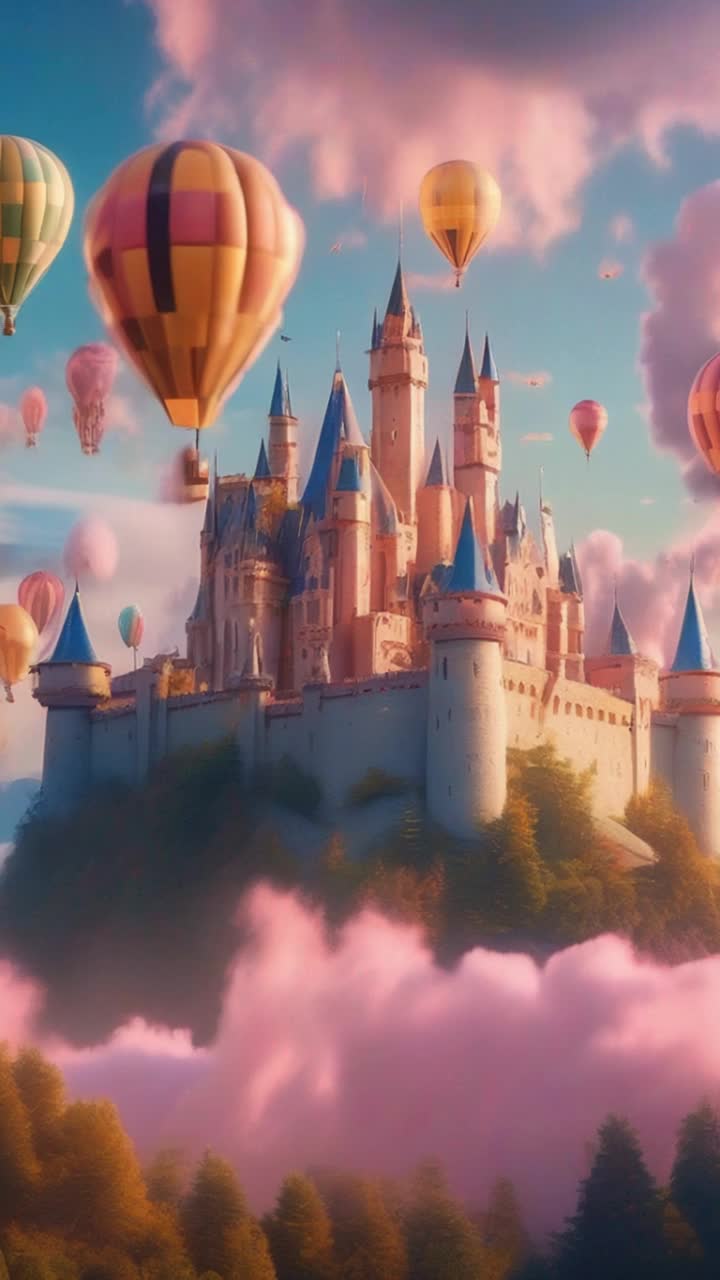 Majestic castle adorned with intricate towers and turrets floating gracefully among fluffy cotton candy clouds, Vibrant balloons of every color dancing in the sky tugging playfully at the castle, Soft sunlight lighting the scene in a warm golden hue as mysterious mountains rise in the distance, Gentle breeze stirring the air as birds flutter around the whimsical spectacle, Enchanting music echoing softly from the castles open windows creating a dreamlike atmosphere