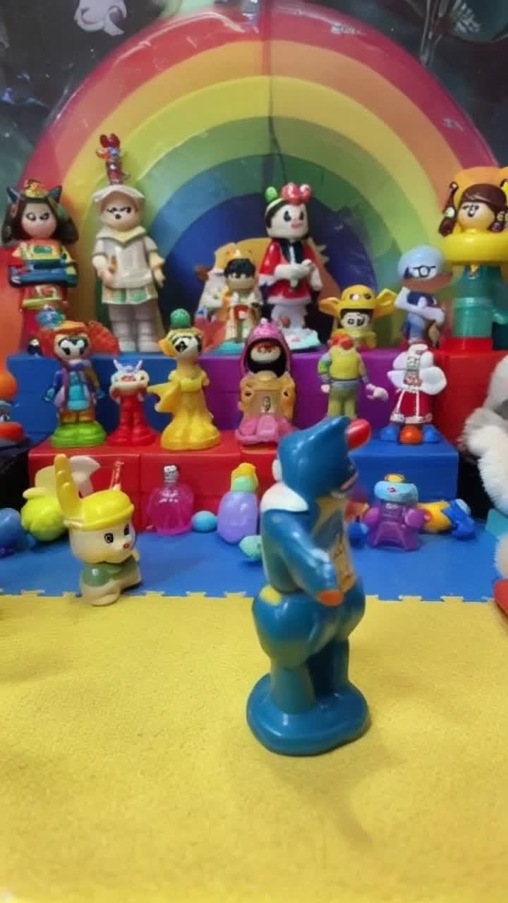 Retro vintage plastic toys and figurines playthings dance dancing in a colorful playroom 