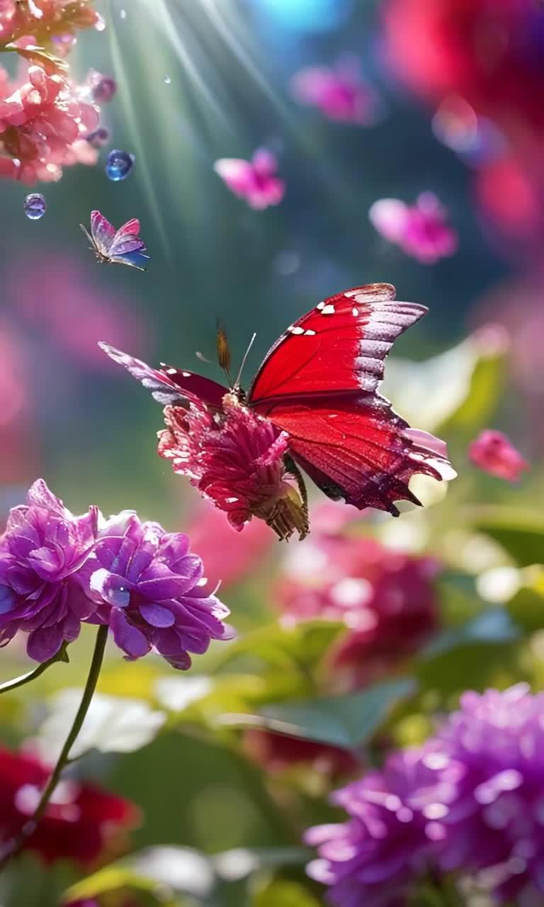 Brilliant blossoms in hues of crimson azure gold and violet dancing gracefully in a soft summer breeze Radiant sunlight filtering through lush green leaves casting playful shadows on vibrant petals while a tranquil garden hums with the gentle buzz of bees fluttering butterflies floating elegantly amidst the fragrant blooms sparkling droplets of dew glistening like tiny jewels on delicate leaves creating a mesmerizing kaleidoscope of color in natures masterpiece