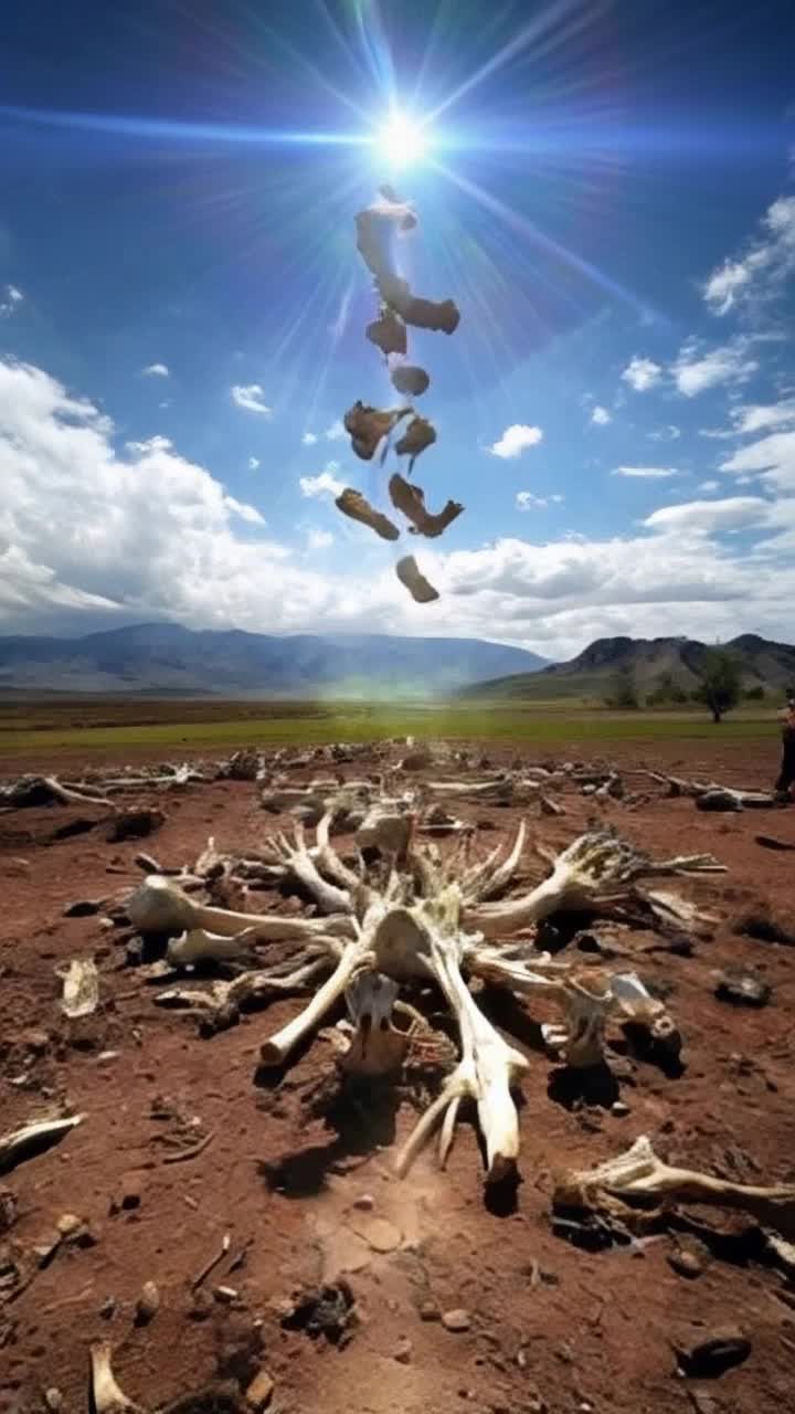 Ancient dry bones scattered across a vast barren landscape, rising individuals filled with hope and new life, vivid colors illuminating their once lifeless forms, a radiant light bursts forth from above, breathing spirit into the scene, fragments of shattered relationships reforming, flickering dreams rekindling with intense emotion, a vibrant oasis appears in the distance, lush greenery replacing desolation, distant mountains symbolize strength and endurance, ethereal clouds parting to reveal a sky filled with promise, echoes of joyful voices celebrating renewal and restoration throughout the air, resilience woven into the very fabric of existence