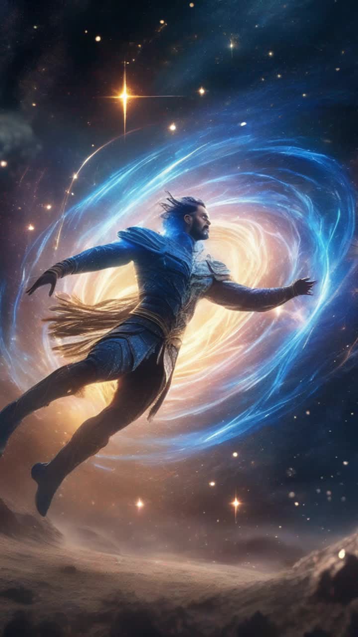 Glowing warrior surrounded by swirling stardust trails leaps forward with electrifying grace creating shimmering blue particles that dance through the air sending vibrant ripples of energy cascading around him approaching a magnificent throne pulsating with radiant energy amidst a cosmic landscape of twinkling stars and ethereal nebulae shimmering in the vastness of space