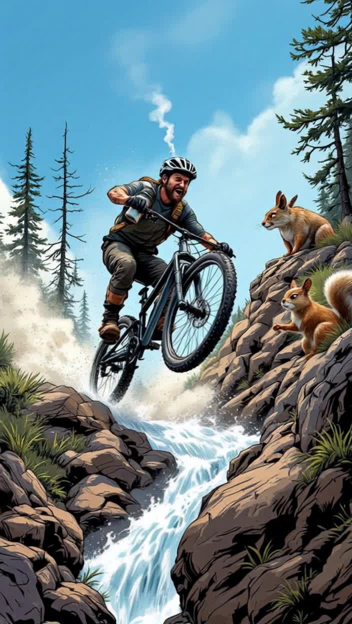 Extremely fast paced from the top of the mountain bike trail, a midday summit thermos cup of steamy warm coffee in the cool mountain air is chugged with ecstatic enjoyment while sitting on a shiny new black and silver mountain bike, thermos is closed quickly for the quick start of descent down the mountain and picking up speed, even with wildly crazy twists and turns on the bumpy trail, passing startled deer, rabbits and a cougar, an annoyed squirrel flips a bird, oh well, details emphasized on the animals, almost to the end when the front wheel hits a rock, the bike flies up in a loop to come down into the deep cool rushing water of the nearby river, clear blue sky, erratic comical faces, simultaneously synchronized, speed is of the essence, close up view of the various animals faces, when the biker lands in the water the animals laugh 