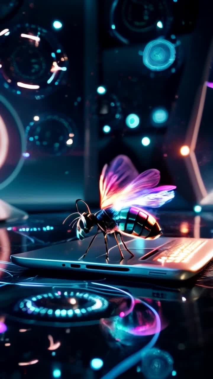 Luminescent cyber bee gliding gracefully through the air with iridescent wings shimmering in vibrant neon hues  buzzing softly as it approaches sleek metallic laptop glowing under soft ambient light  surrounded by a futuristic workspace filled with holographic displays and floating data streams creating an atmosphere of advanced technology and digital innovation