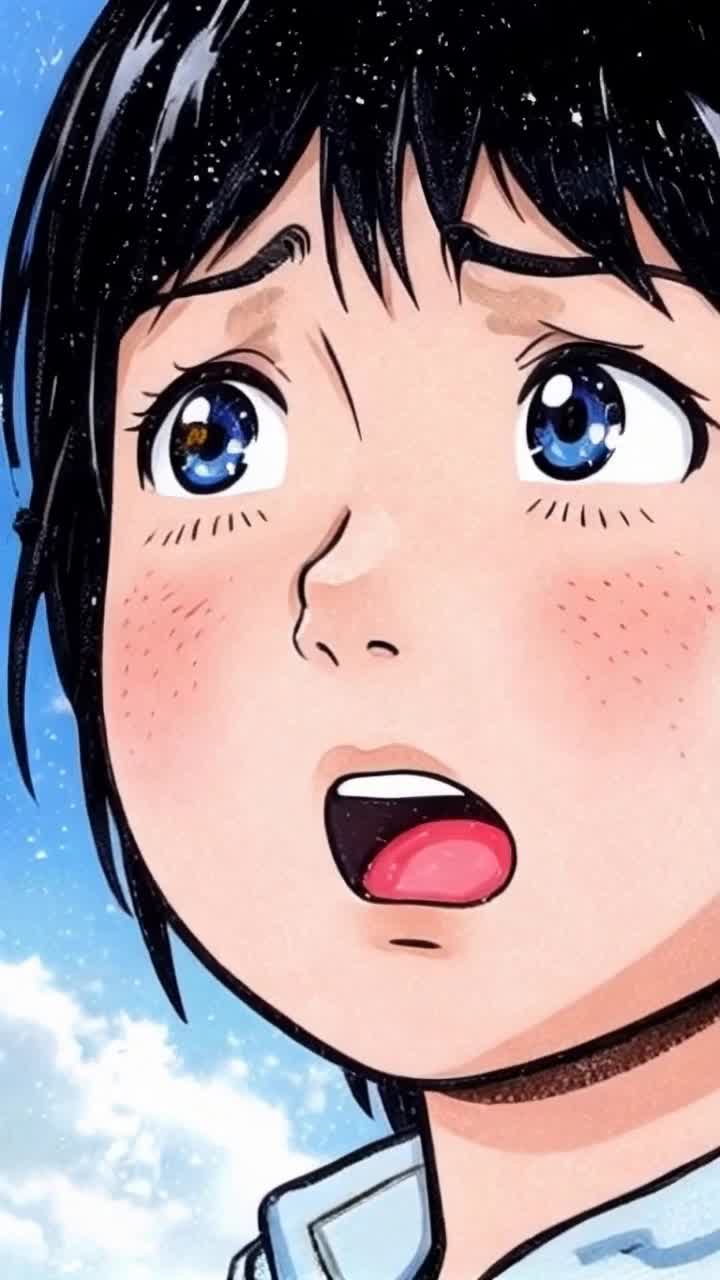 He looked up into the sky and saw a meteorite star falling on his head Art chibi style, closeup of bulging, frightened eyes  Unique visually exciting and emotionally resonant hyperdetailed NFT