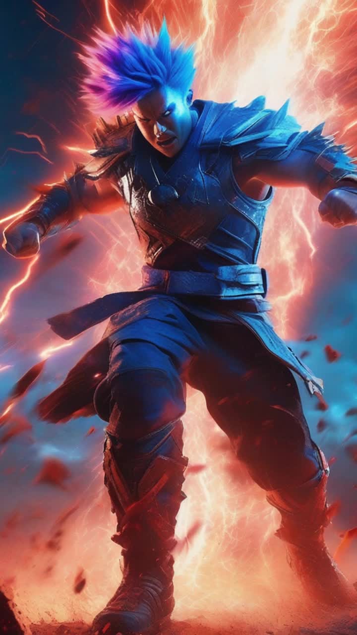 Vibrant chosen warrior with electrifying spiky hair glowing in atomic blue energy charges into chaotic battlefield unleashing rapid fire punches as demons are flung in all directions amidst swirling dust and flickering shadows casting ominous shapes against a blood-red sky alive with flashes of lightning and distant roars of battle erupting in the background