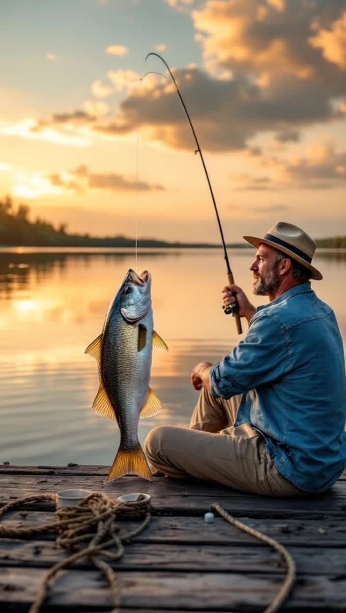 Sitting on the dock fishing pulling out large fish