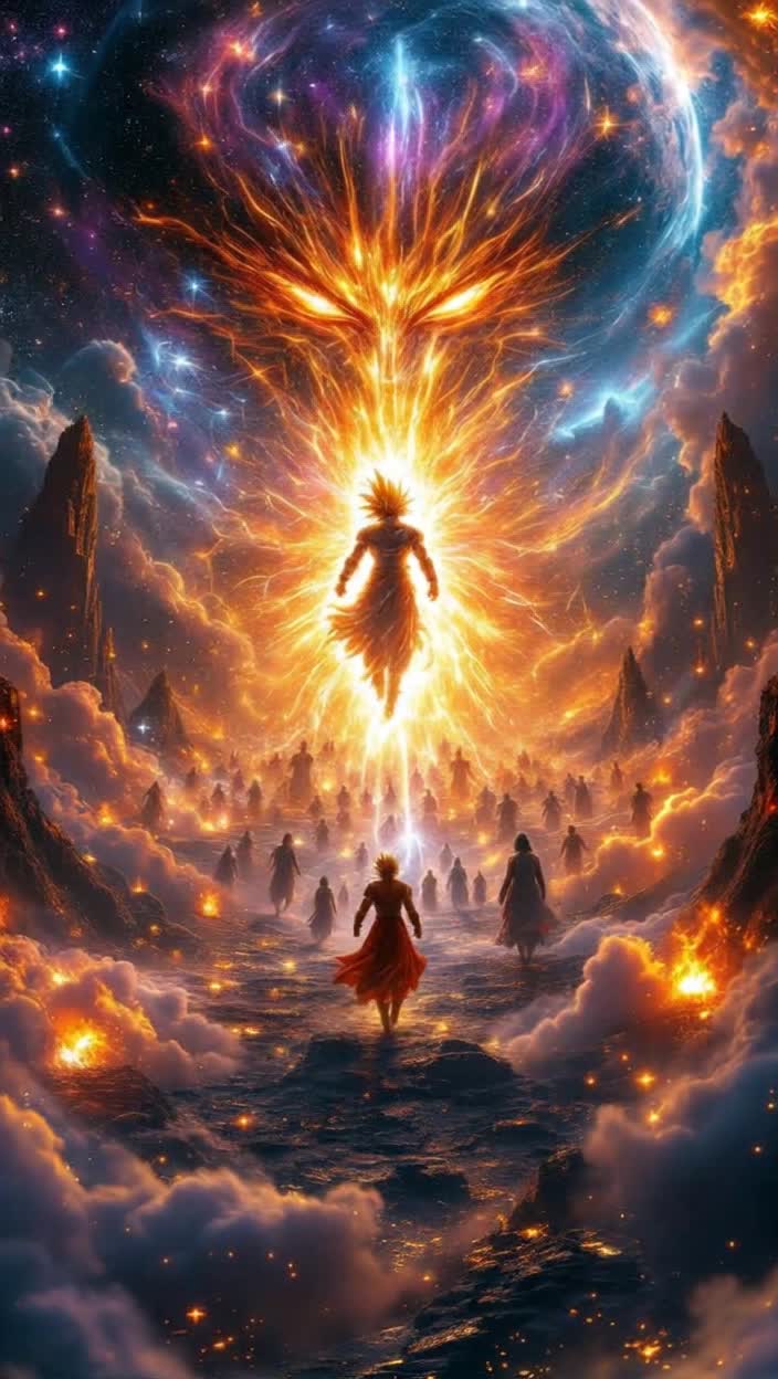 Radiant Super Saiyan warrior shimmering with energy leading a formidable army of divine beings through swirling vibrant portals filled with cosmic colors battling against shadowy imposing Archons Darkness looms over a futuristic Earth skyline with shimmering cityscapes and glowing starry skies as a monumental battle unfolds elemental forces clash in an epic showdown illuminating the horizon with flashes of light and shadow beautiful views in space 