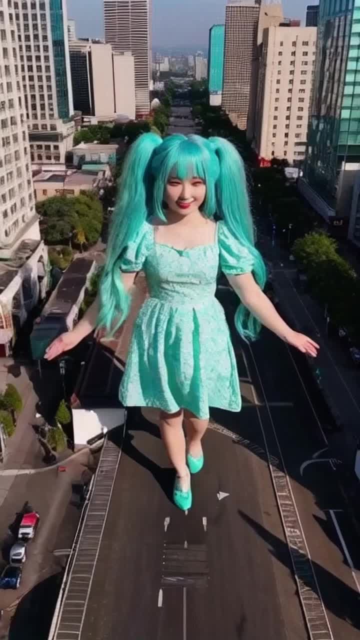 Giant and still growing Hatsune Miku with her long turqouise twin ponytails walking through a diminutive city with hands reaching from one skyscraper to another, she becomes larger with every step, expanding in size as she becomes more gigantic, defying what is normally possible, the spectacle is captured from above