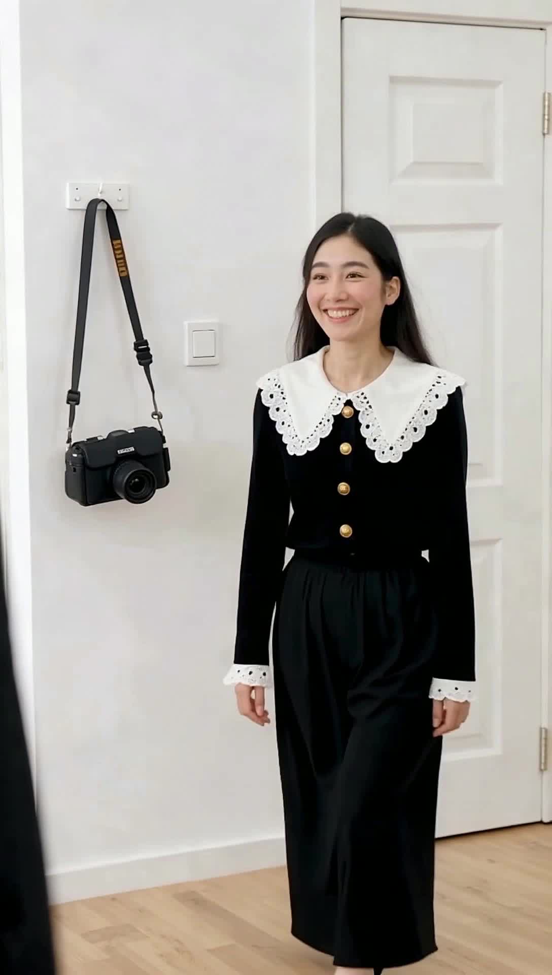 Walking and smiling as she reaches out the cameraman for a hug and kiss